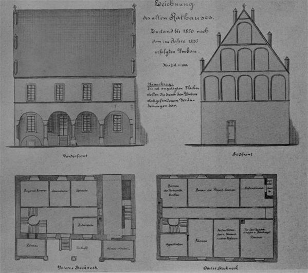Borkener Rathaus bis 1850, Rekonstruktionszeichnung des Stadtbaumeisters Perle um 1900