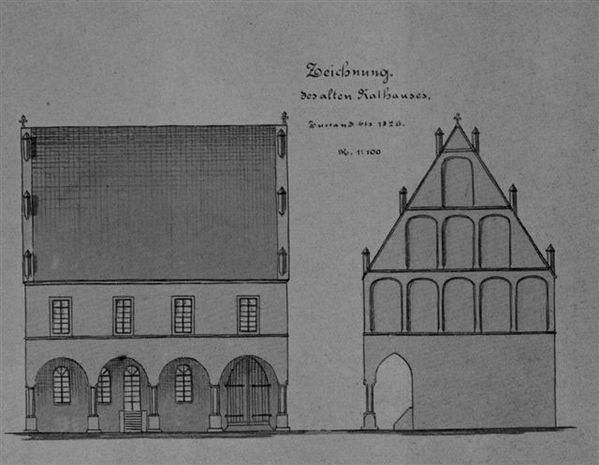 Borkener Rathaus bis 1826, Rekonstruktionszeichnung des Stadtbaumeisters Perle um 1900